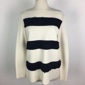 Tory Burch Off White & Navy Stripe Floral Sweater Small